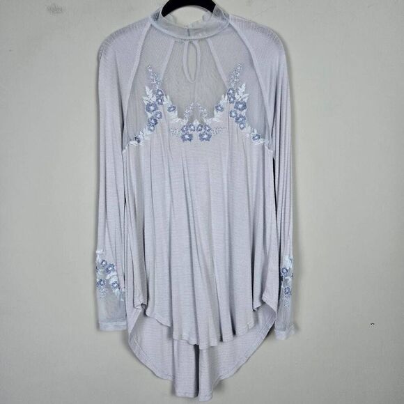 Free People Womens Saheli Embroidered Top Size Small Blue Mesh Peasant Coquette - Picture 1 of 7